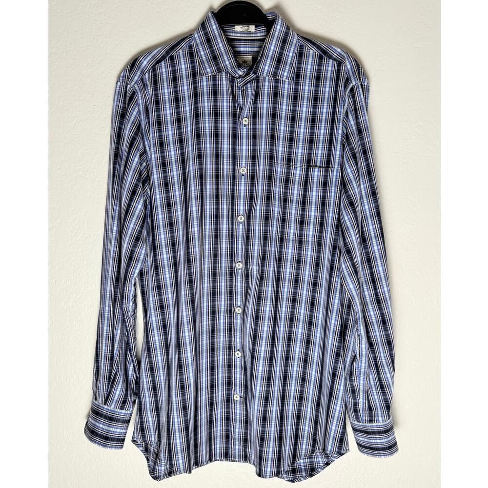 Peter Millar Mens Seaside Cotton Long Sleeve Button Blue White Black Plaid Shirt